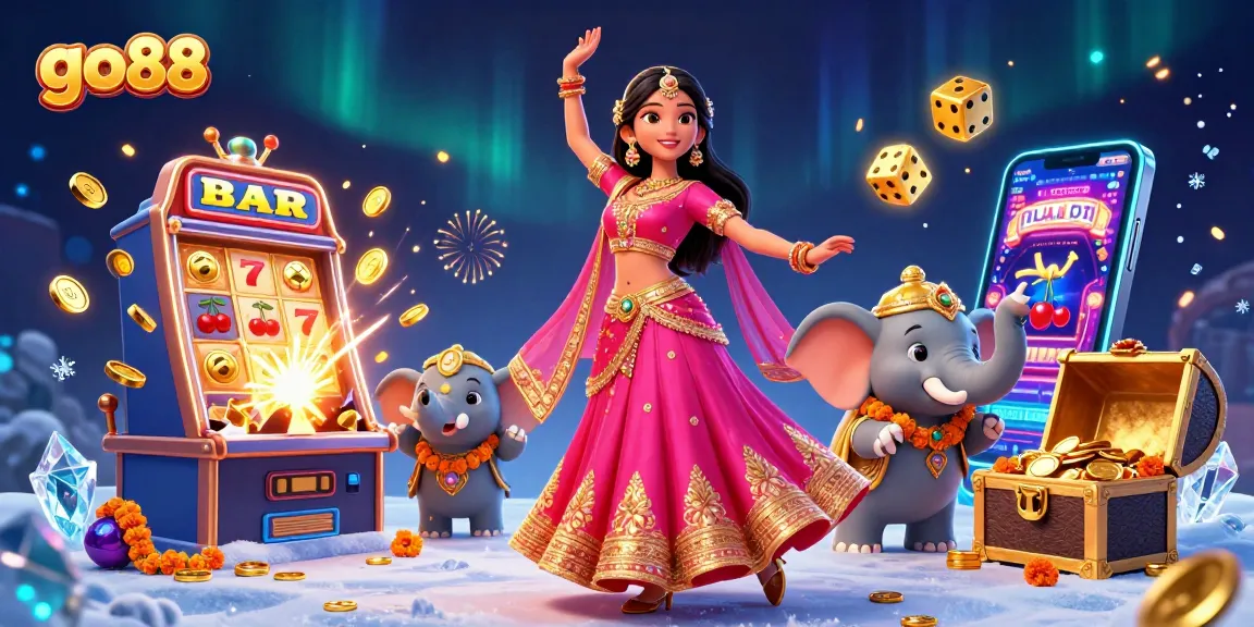Experience go88's vibrant casino world with dazzling slots, coins, and festive elements.