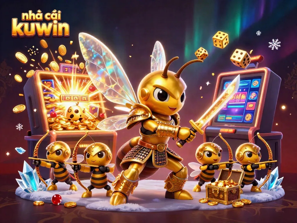 Experience the thrilling action of nhà cái kuwin with a 3D illustration of golden hornet samurai and jackpot treasures.