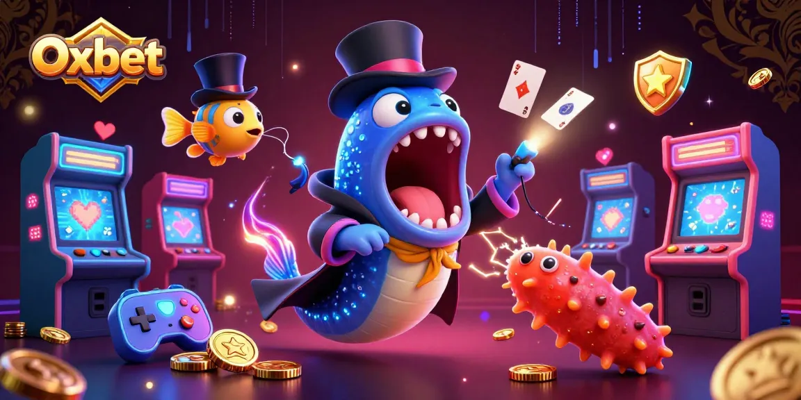 Experience the magic of Oxbet with a vibrant 3D illustration showcasing a bioluminescent eel performing card tricks amidst arcade game excitement.