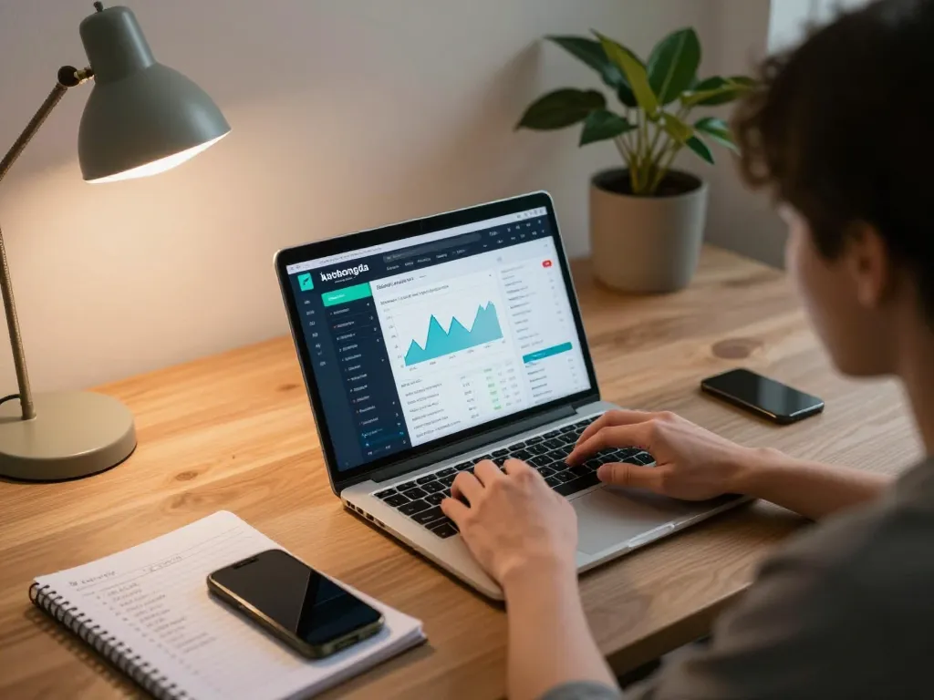 Person analyzing sports odds on keobongda website from a stylish home office setup, capturing strategic betting insights.