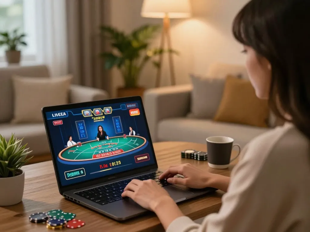 Engaging in online gaming at home with fly88's interactive live dealer experience.