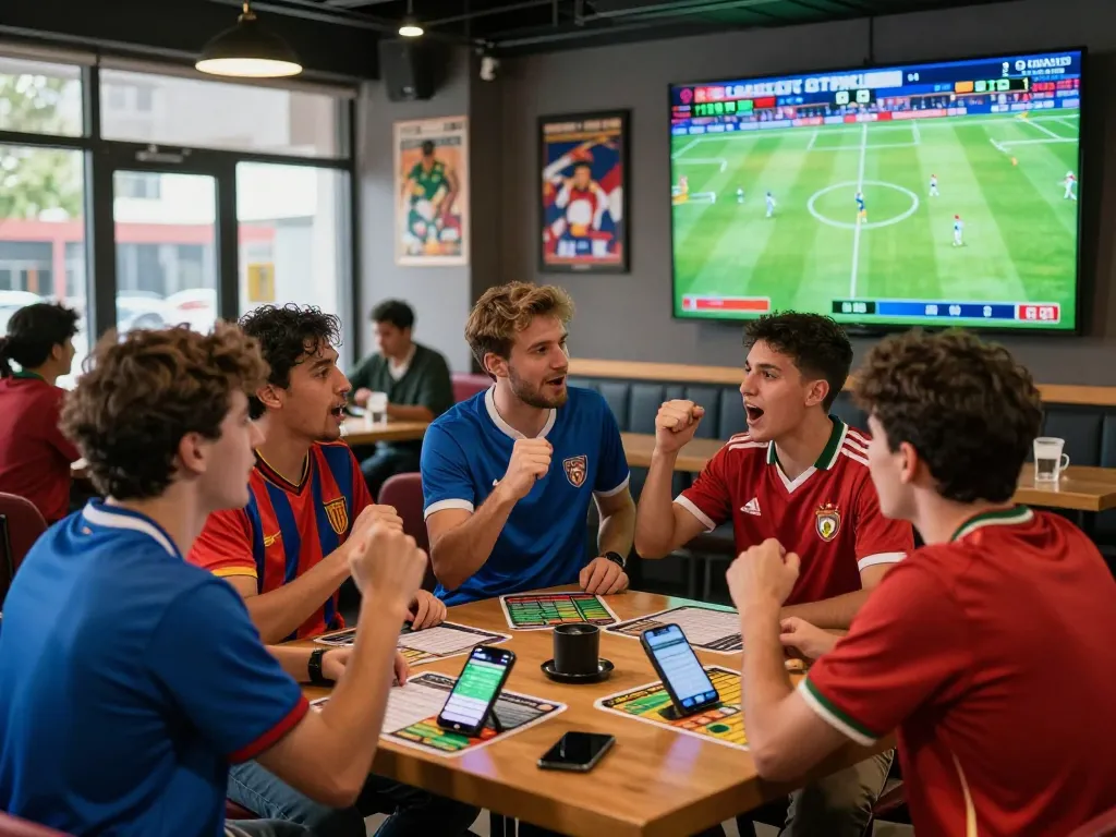 Engaged bettors at a sports bar discussing trang cá độ bóng đá strategies while watching live football matches on a big screen.