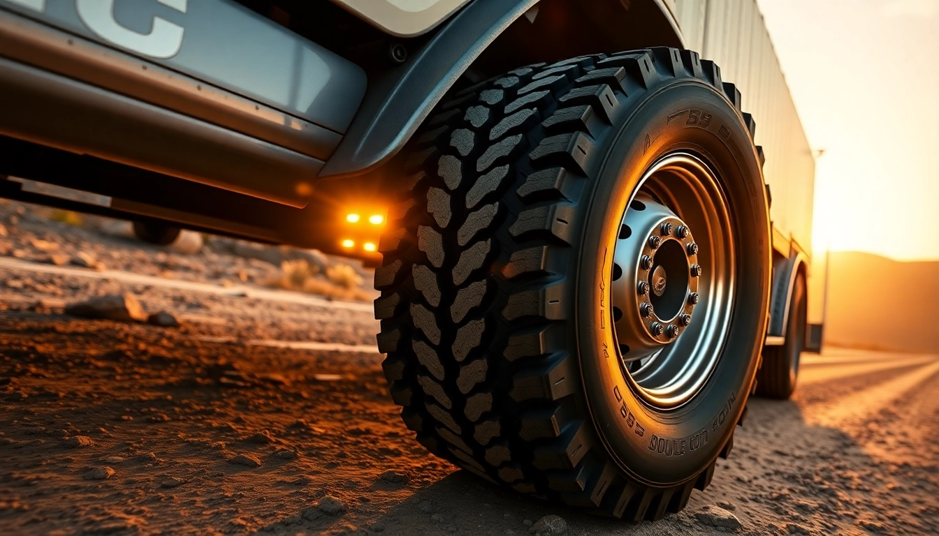 The RR99 tire on a commercial truck, showcasing robust tread design and versatility in mixed terrain.