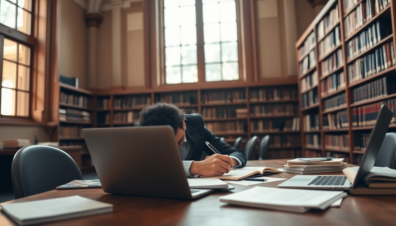 Hire someone to take LSAT for you, showing a focused student studying in a tranquil library.