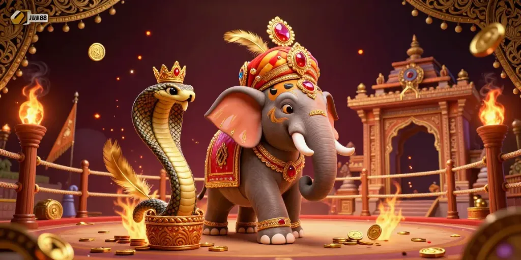 Join the gaming action at JUN88 with a vibrant 3D scene featuring a cartoon tiger maharaja and his royal companions.