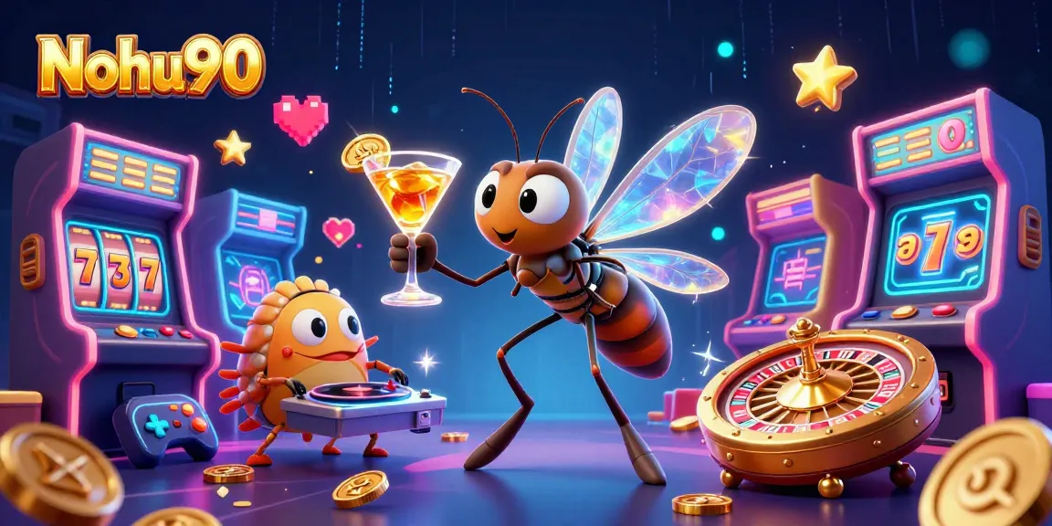 Nohu90 entices players with a lively casino scene, showcasing vibrant slot games and energetic characters.