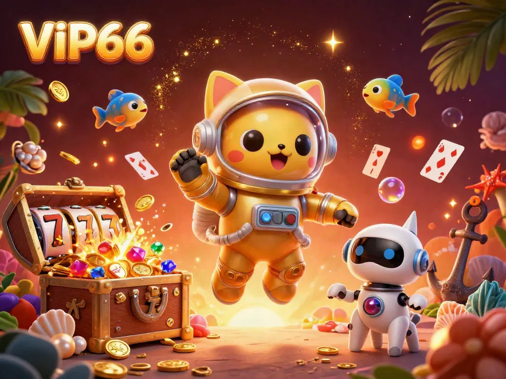 Experience VIP66's gold-filled adventure in this vibrant, interactive gambling scene with cartoon characters.