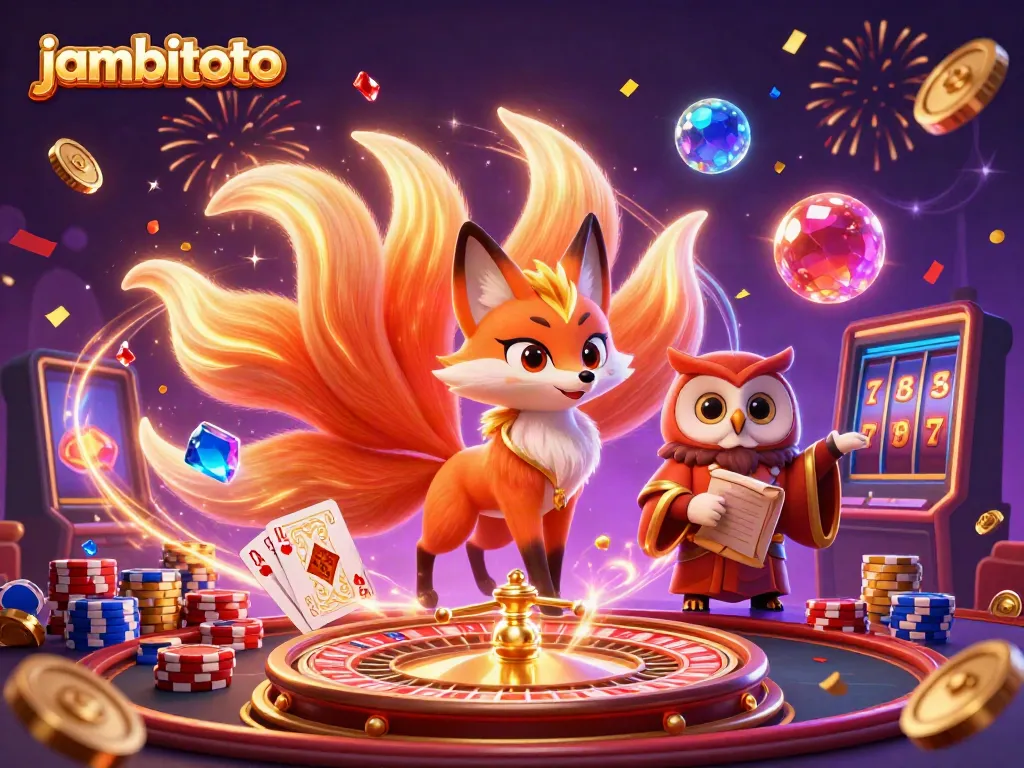 Engage with the vibrant jambitoto casino scene featuring a mystical fox, wise owl, and colorful game elements.