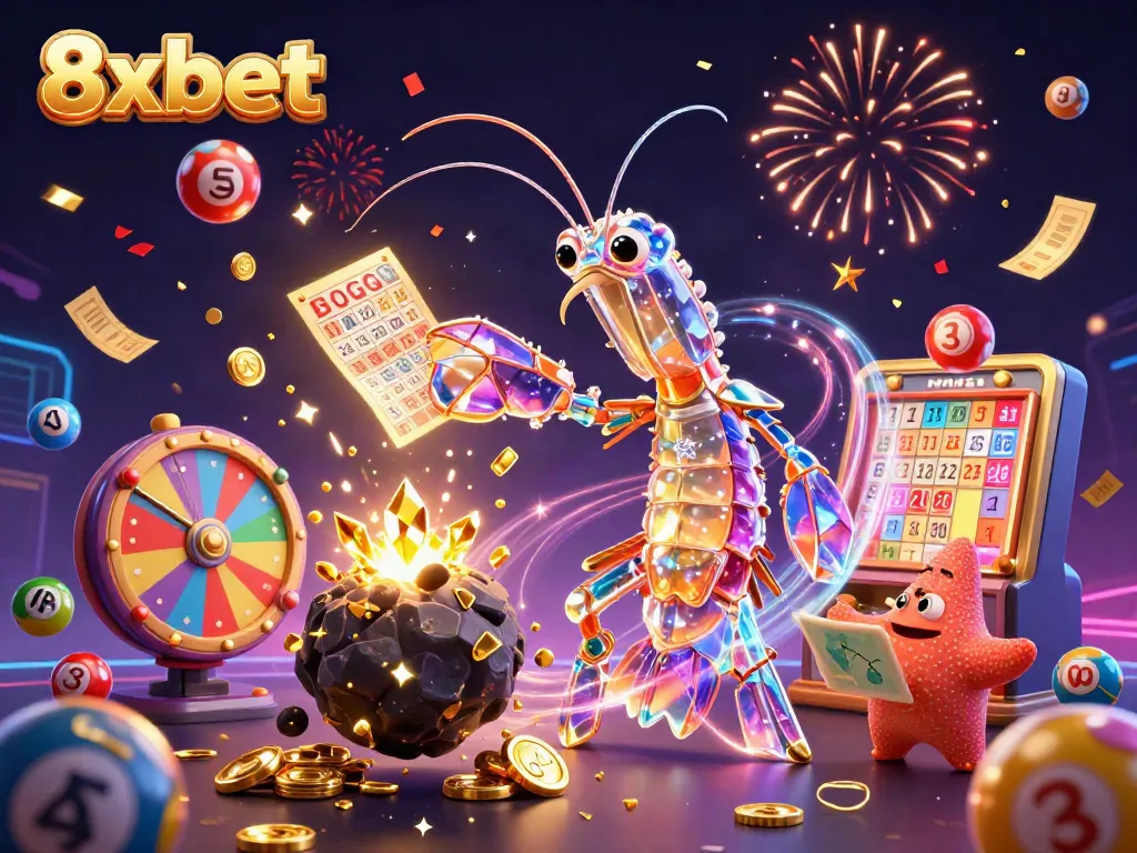 Experience excitement at 8xbet with a vibrant casino scene filled with galactic characters and prizes.