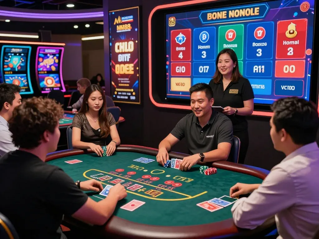 Exciting online casino scene showcasing players at MM88 gambling table with vibrant graphics.