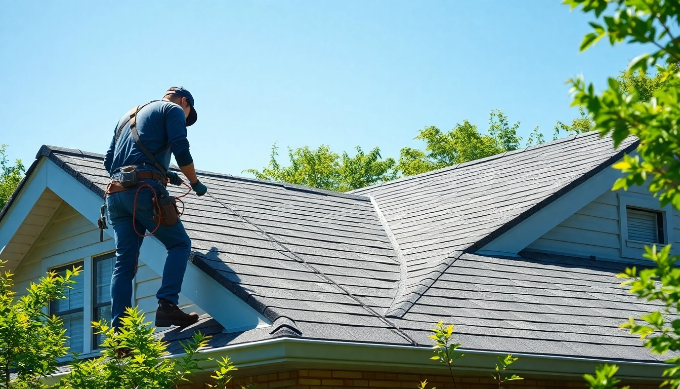 Professional roofing company assessing roof condition in a sunny neighborhood.