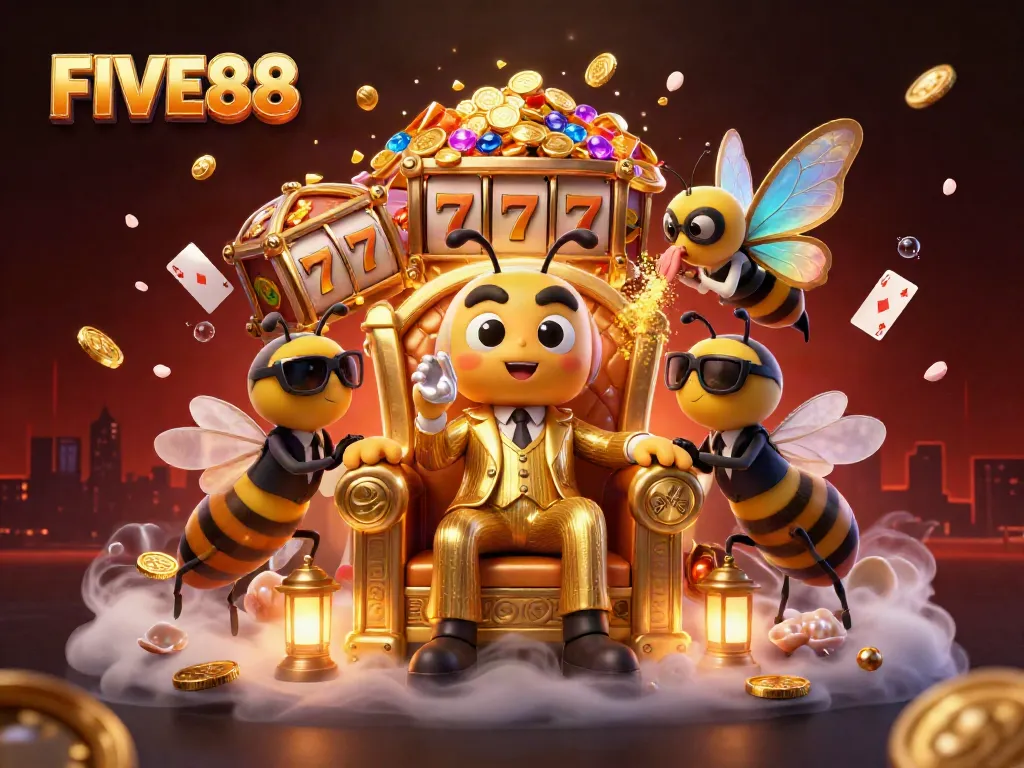 Experience the thrill of FIVE88 with a vibrant 3D casino illustration showcasing a bumblebee mob boss and dazzling game elements.