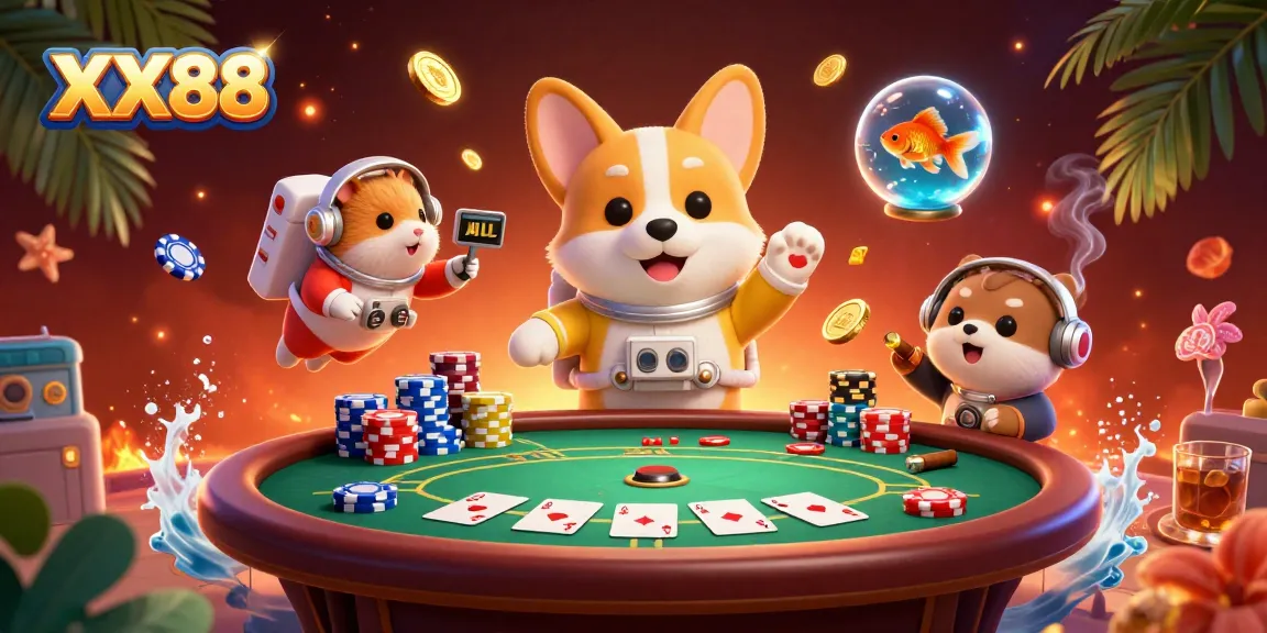 Engage in thrilling gaming at XX88, surrounded by poker chips and animated characters in a lively casino.