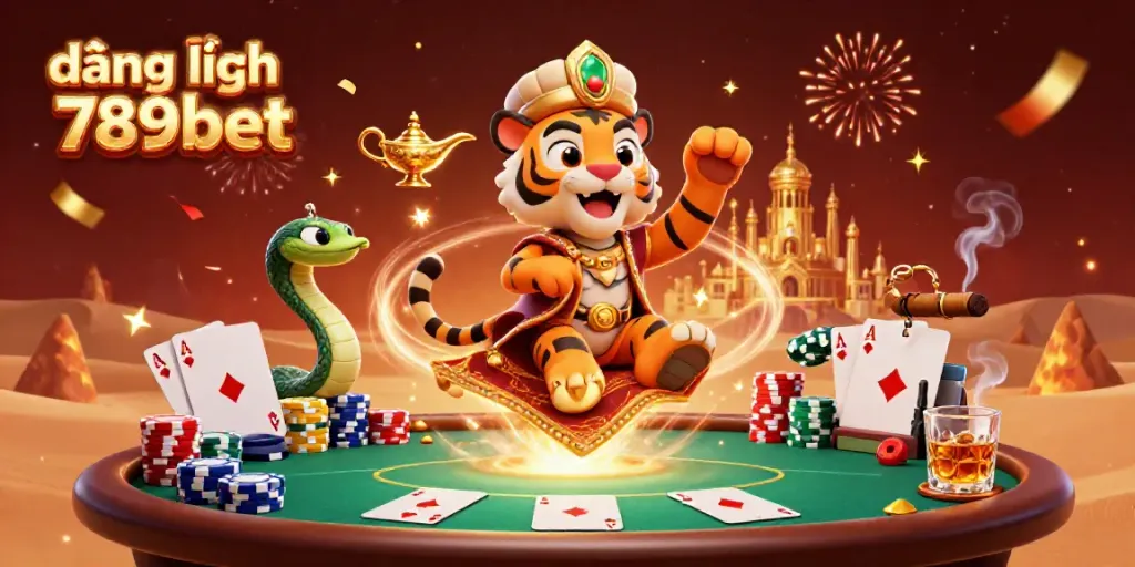 Engage in thrilling casino action through đăng nhập 789bet, featuring a vibrant 3D Arabian Nights scene.