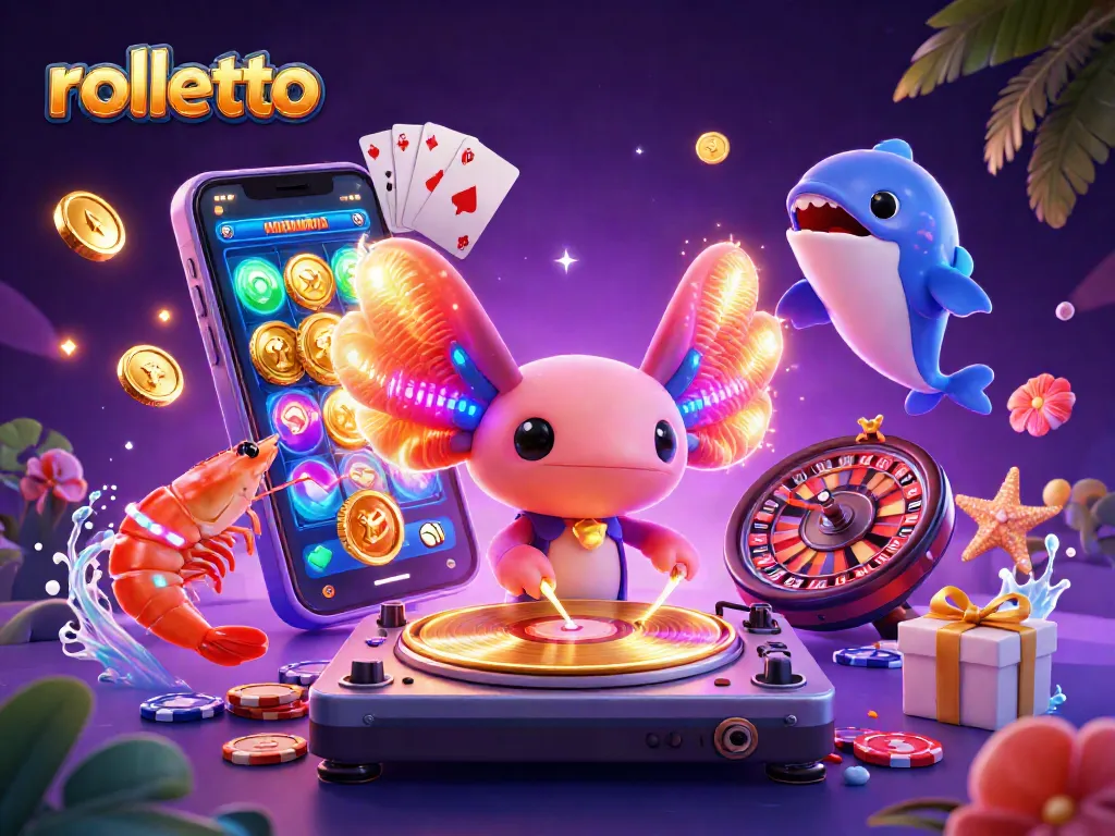 Engage with rolletto's colorful casino world featuring a vibrant DJ axolotl and dynamic slot games.