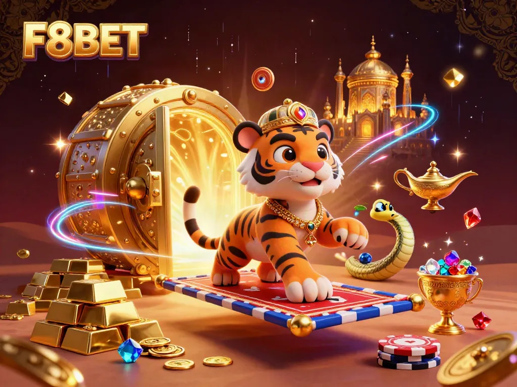Experience the thrill of F8BET with a vibrant 3D scene of charming Arabian Nights characters enjoying a casino adventure.