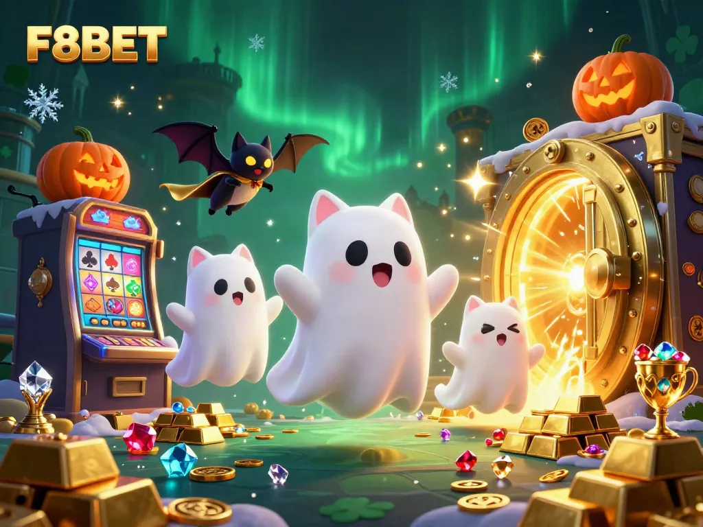 Experience F8BET's enchanting casino atmosphere with colorful ghostly characters amidst treasures and glowing elements.