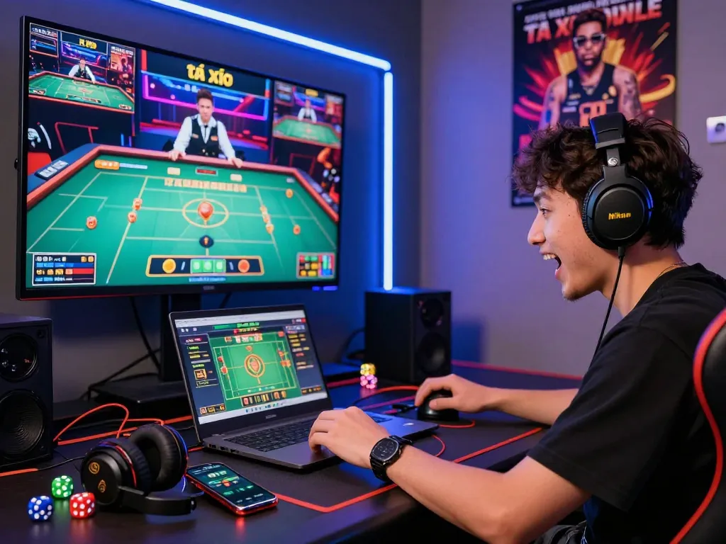 Engaged player in an exciting tài xỉu online game with accessories and vibrant atmosphere.