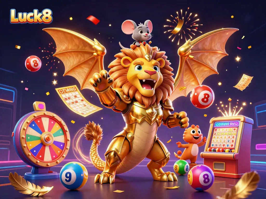 Engaging casino-themed illustration featuring Luck8 with a chimera creature and various lottery elements dynamically interacting.