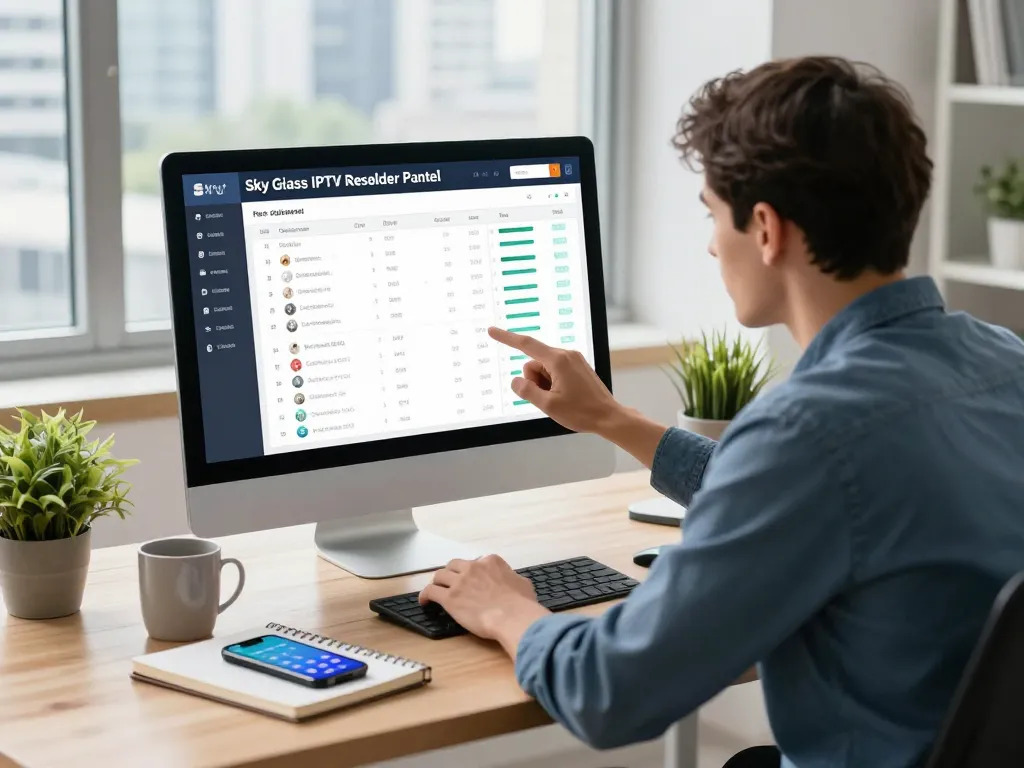 Sky Glass IPTV Reseller Panel interface on a desk, showcasing analytics and subscriptions management.