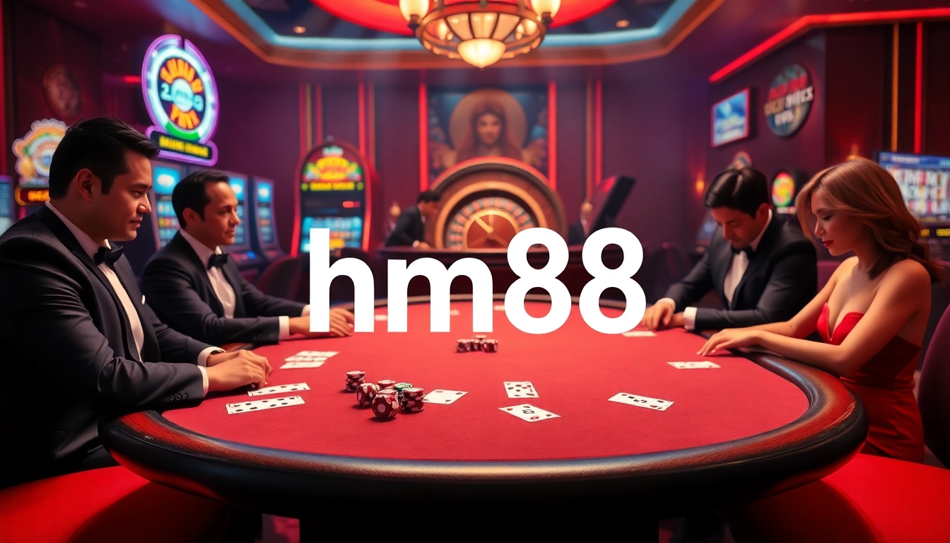hm88 poker table with players engaged in a high-stakes game amidst luxury casino décor.