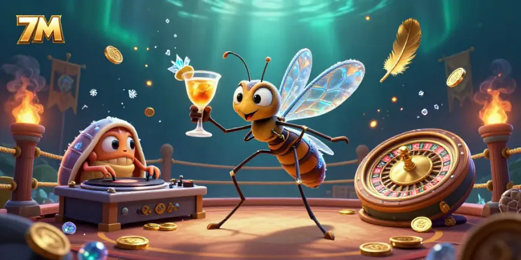 Experience thrilling gameplay with 7M as a vibrant casino scene featuring unique characters and elements.