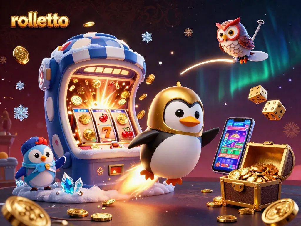 Join the rolletto adventure with a dynamic casino scene featuring a golden penguin, vibrant jackpots, and more!