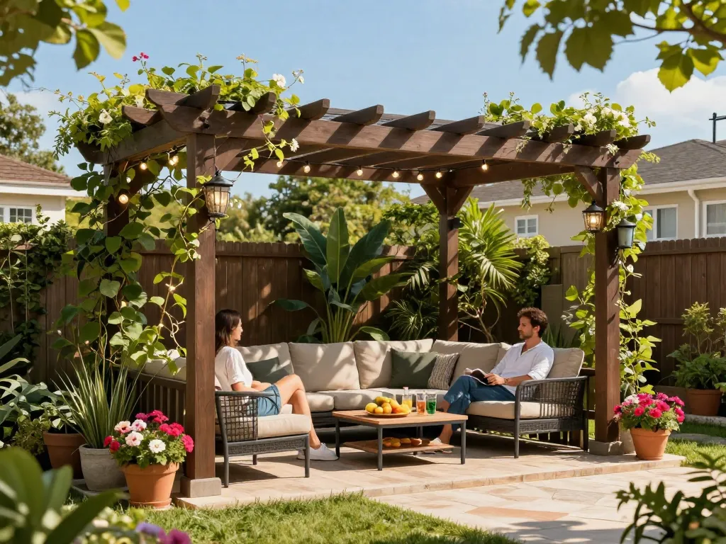 A couple relaxing under a stylish 3D pergola in a vibrant garden setting.