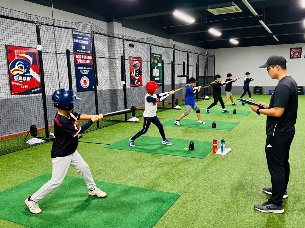 Hit Club athletes training in dynamic indoor baseball environment with coaching support.