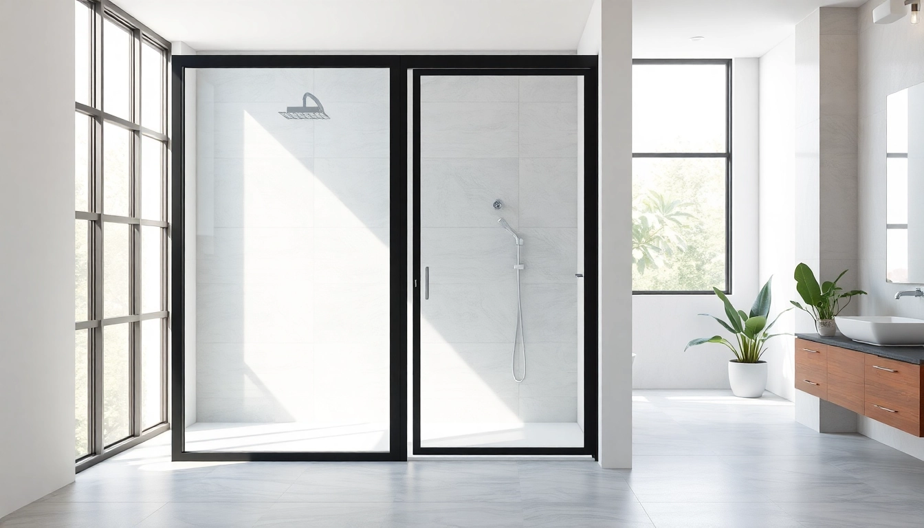 Showcasing black frame shower doors enhancing modern bathroom elegance with sleek lines and natural lighting.