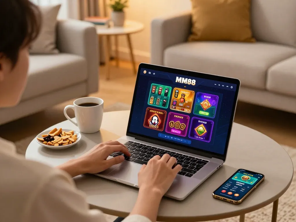 Engaging MM88 online gaming setup with laptop showing casino games and cozy home atmosphere.
