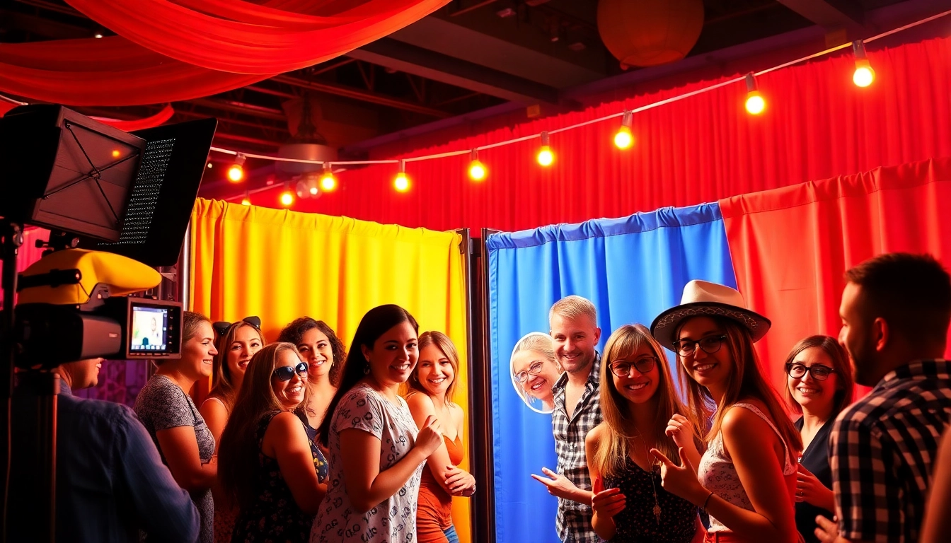Capture the excitement of a photo booth rental chicago at a lively event with guests posing and colorful props.