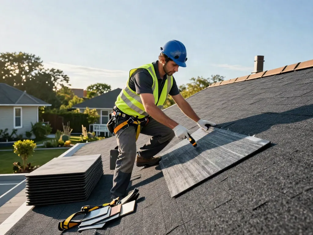 Expert inspecting a felt roof replacement process with tools and new materials.