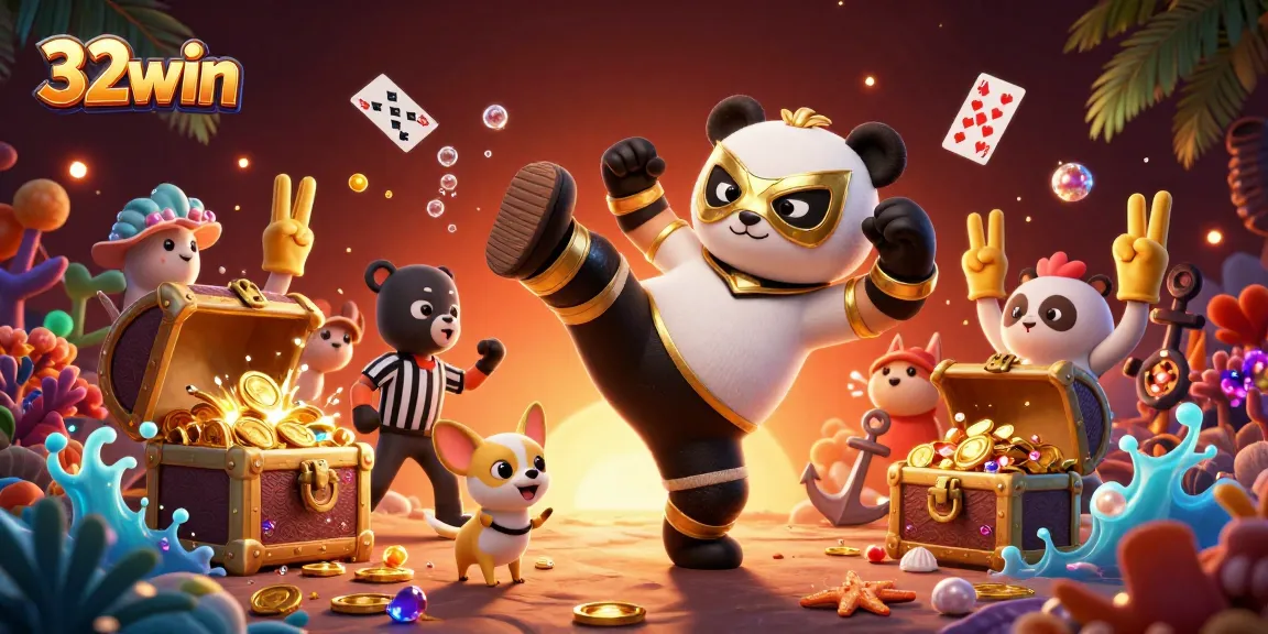 32win vibrant online casino scene with panda wrestler and animal crowd celebrating