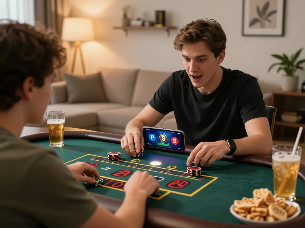 Player engaging with TR88 mobile casino app, showcasing online betting excitement in a cozy home.