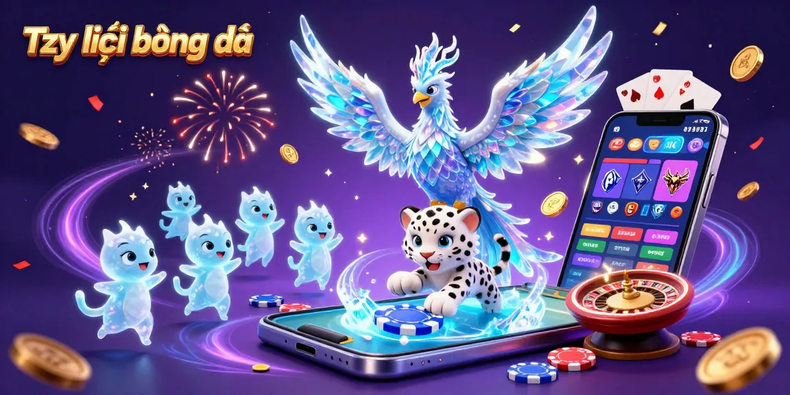 Tỷ lệ bóng đá betting scene showcasing an ice phoenix, playful snow leopard cub, and lively sprites celebrating with betting elements.