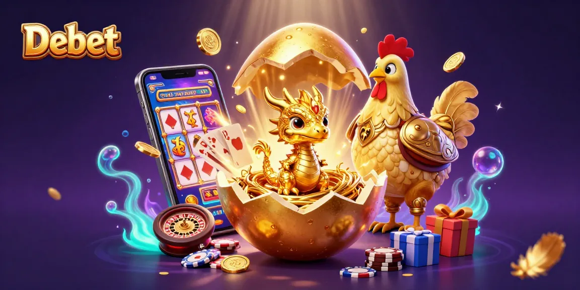 Experience the vibrant energy of Debet's online casino with a golden dragon and dynamic gaming elements.