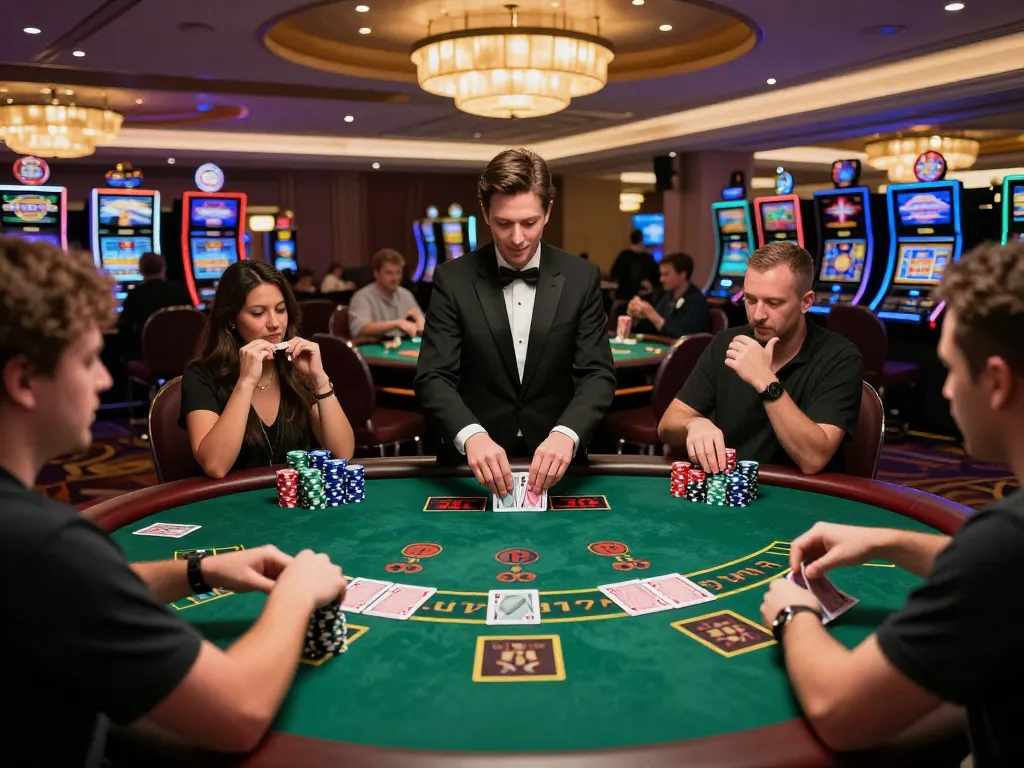 Players strategically betting at 79win's live blackjack table on a vibrant casino floor.
