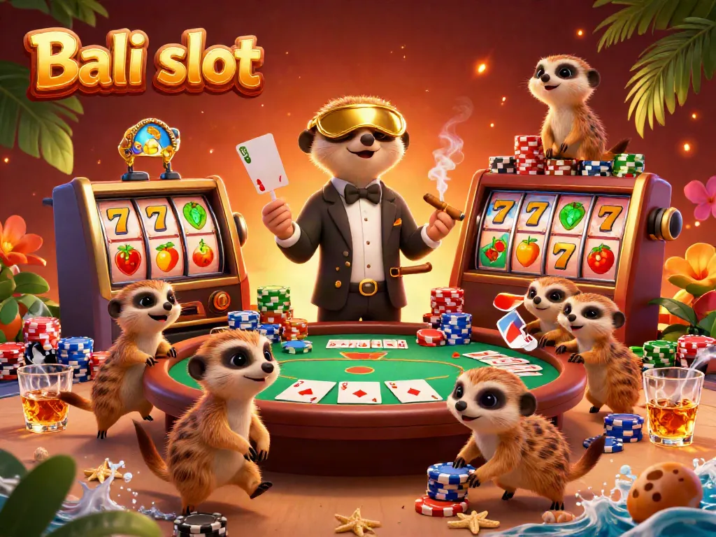 Experience thrilling gameplay with Bali slot, featuring a lively meerkat casino scene.
