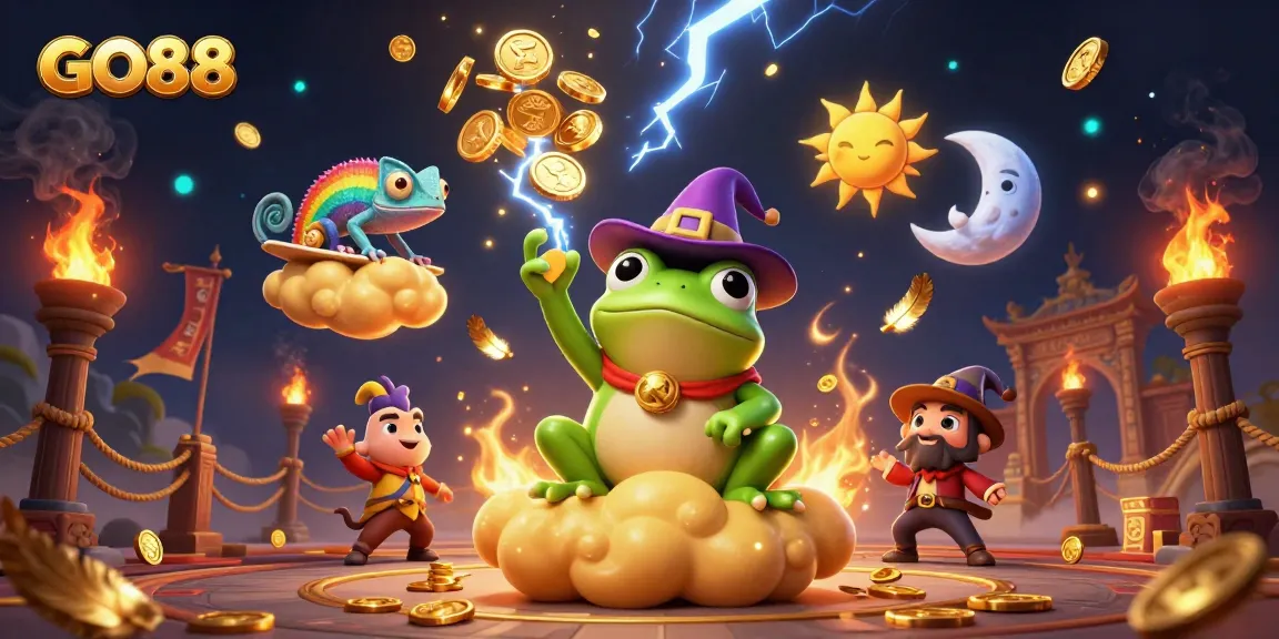 Engage in thrilling gaming adventures with GO88, watching as a frog wizard conjures a storm of gold coins.