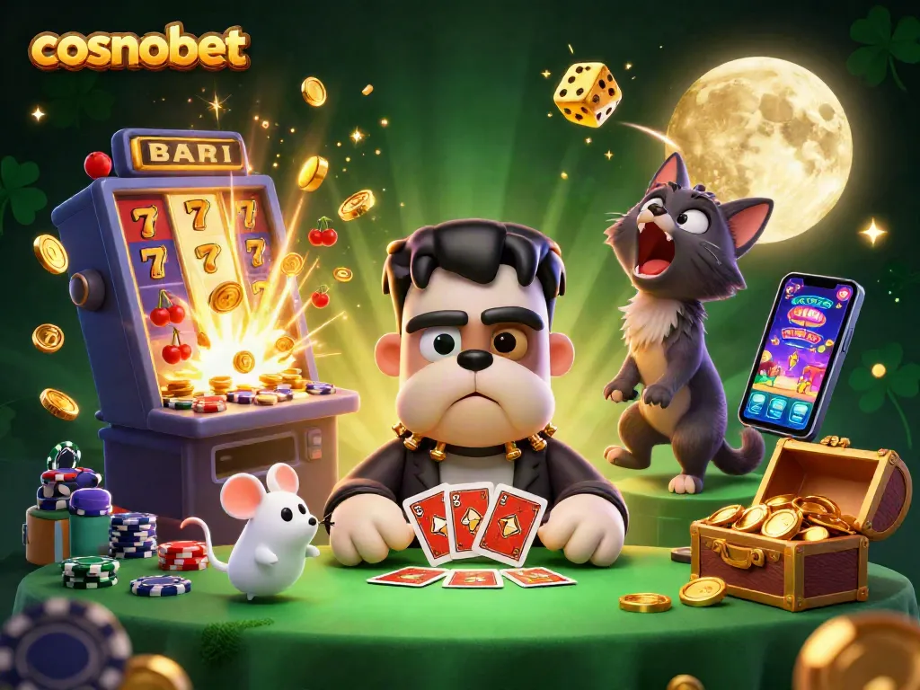 Enjoy thrilling casino action with cosmobet's vibrant 3D cartoon casino scene.