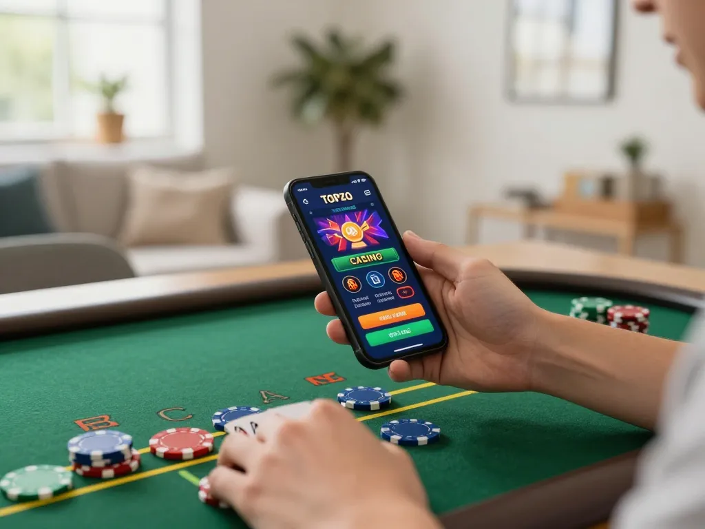 Engaging gameplay on Topzo casino app while placing bets, showcasing strategic decisions in a cozy home