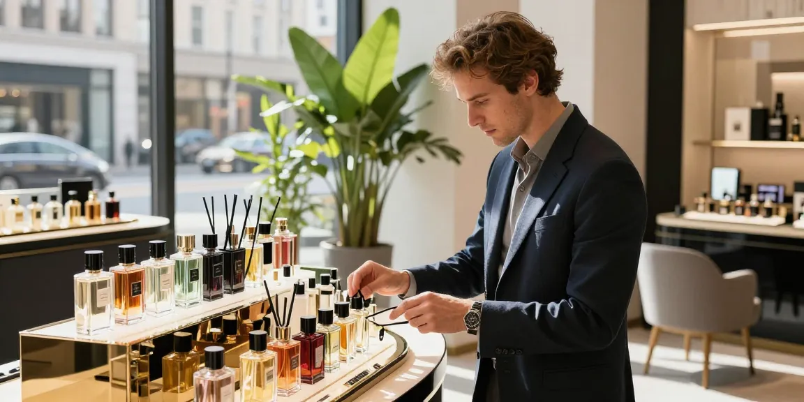 Stylish man exploring top fragrances for men in a modern perfumery.