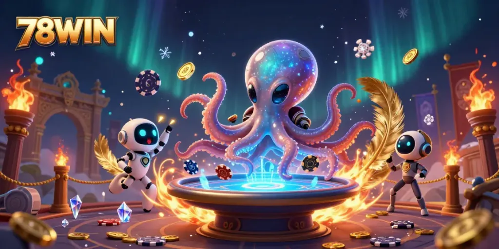 Experience vibrant gameplay with 78WIN's holographic poker scene featuring an alien octopus and engaging game elements.