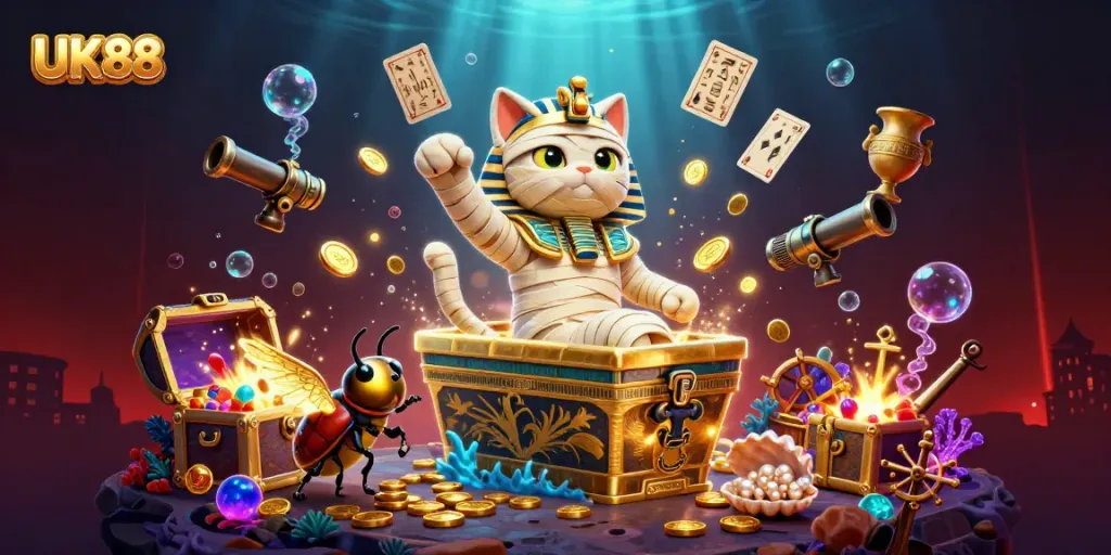 Experience the thrill of UK88 with a dynamic casino scene featuring an Egyptian mummy cat and treasures.
