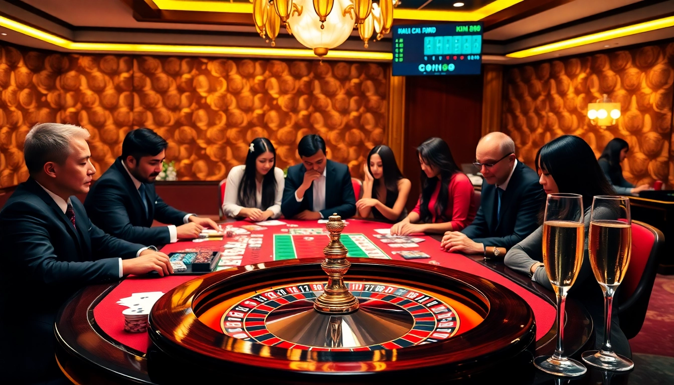 Engaged players enjoying a thrilling game at nhà cái kim88's luxurious casino table, complete with cards and chips.