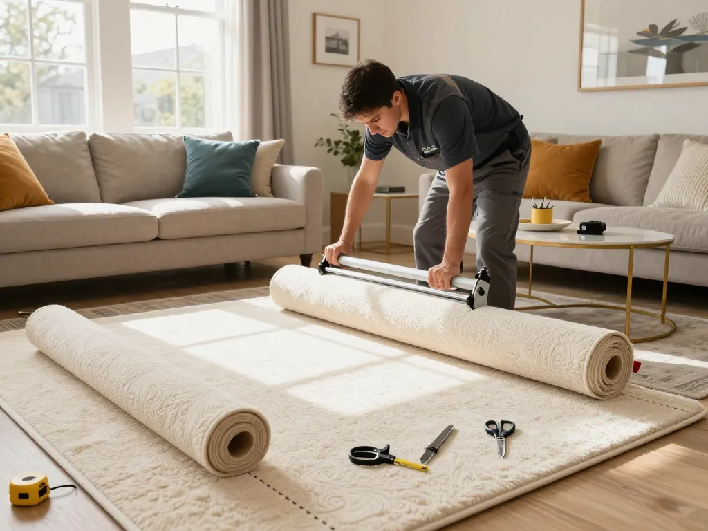 Home carpet fitting services with a professional installer laying plush carpet in a stylish living room.