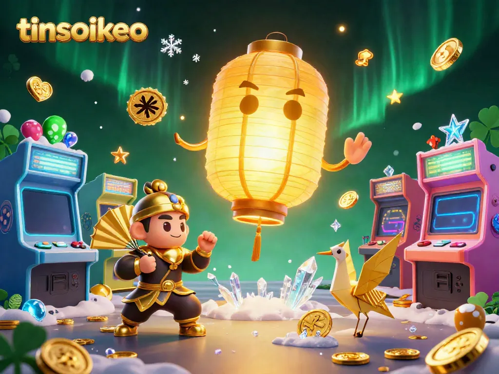 Experience the vibrant energy of tinsoikeo as a golden lantern spirit floats over a bustling casino scene filled with arcade excitement.