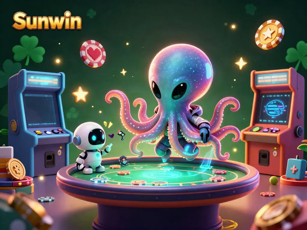 Experience thrilling poker action with Sunwin's vibrant 3D illustration depicting an alien octopus in a dynamic casino setting.