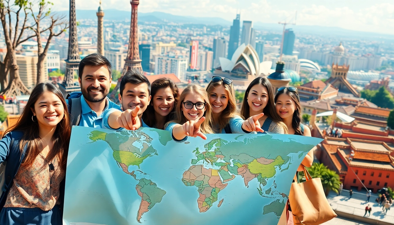 Engaging travelers planning round the world holidays while exploring a world map in a vibrant cityscape.